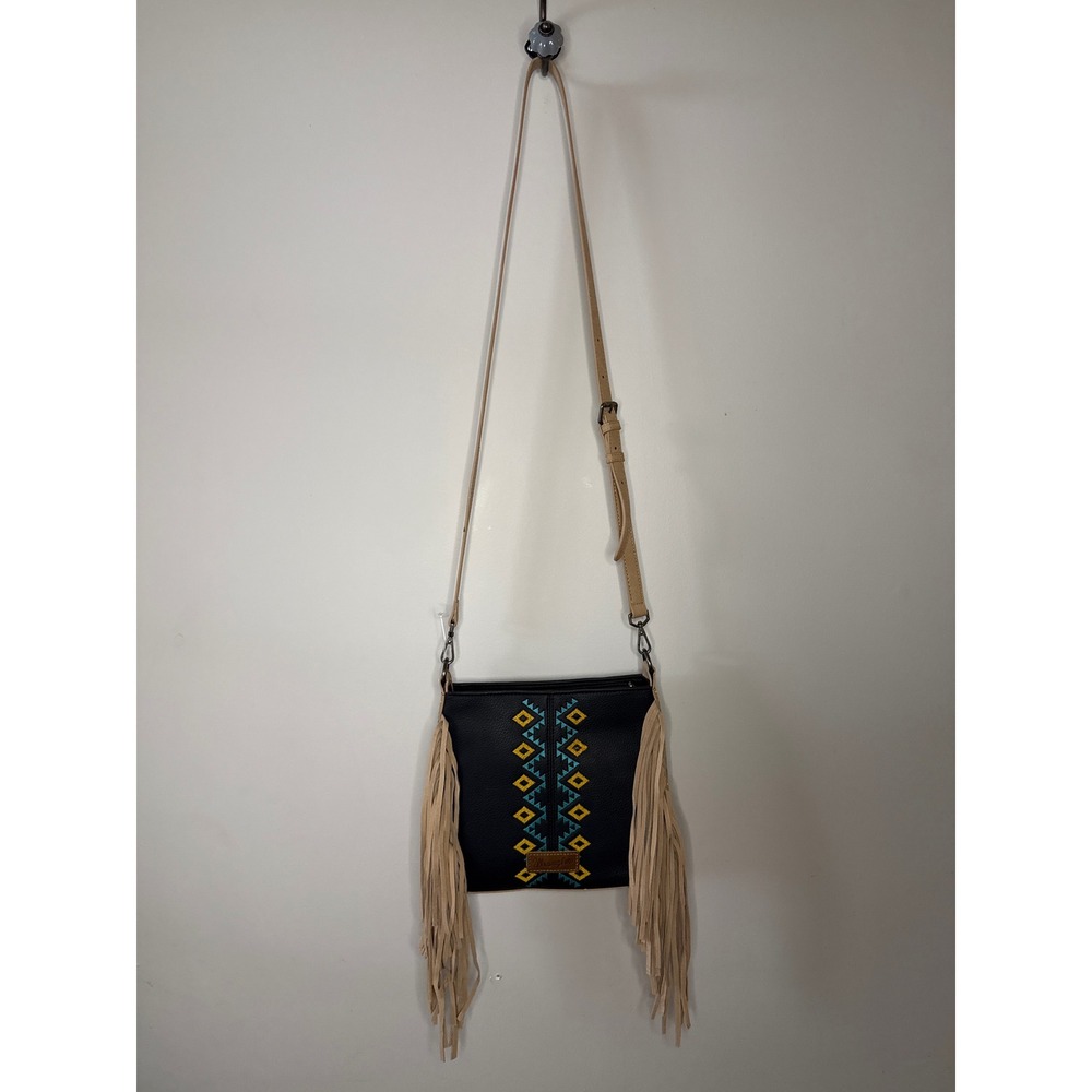 Wrangler Womens Black Faux Leather Fringe Crossbody Bag Western Embroidered Boho